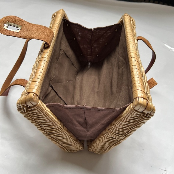 Woven Bag Coated Wicker Leather Straps Handbag Double Handles 11" x  6" x 3" - Picture 3 of 5